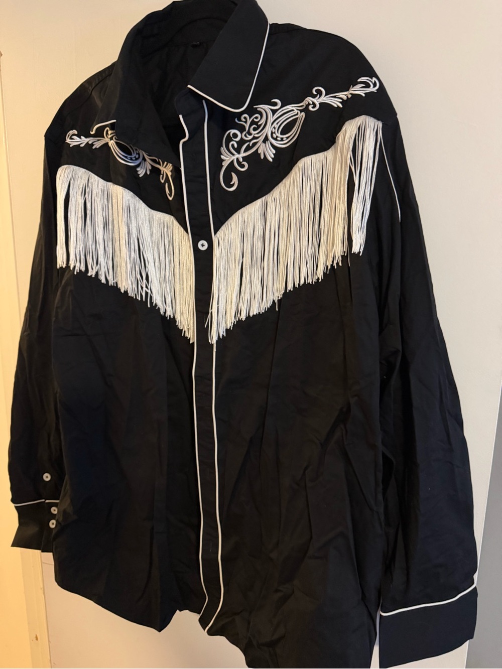Western Fringe Black Shirt Jacket with White Embroidery
